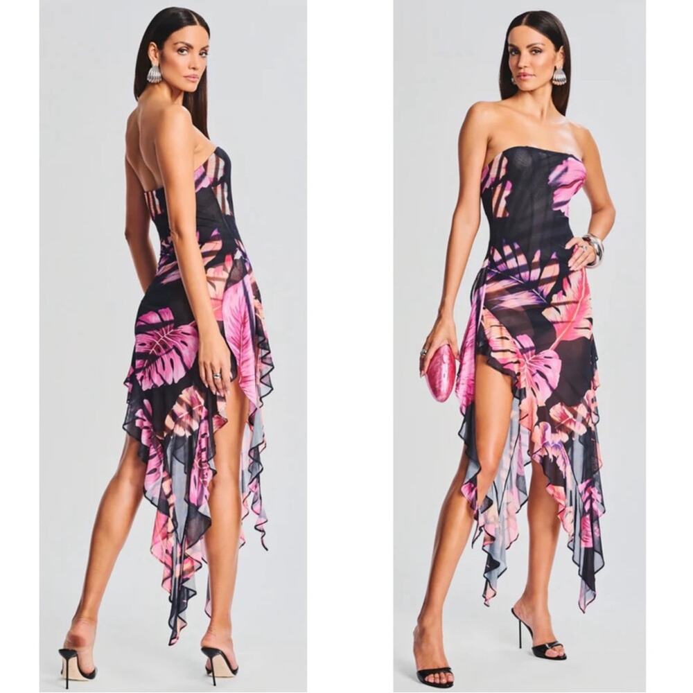 RETROFETE Atlas Strapless Ruched Ruffle Asymmetric Floral Maxi Dress Size XXL